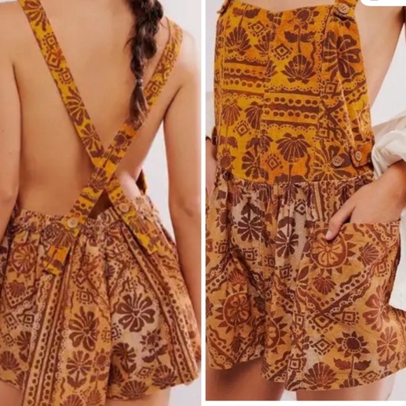 NWT Free People Palm Bay Printed Shortall Bohemian Brown Patterned Romper Sz: L